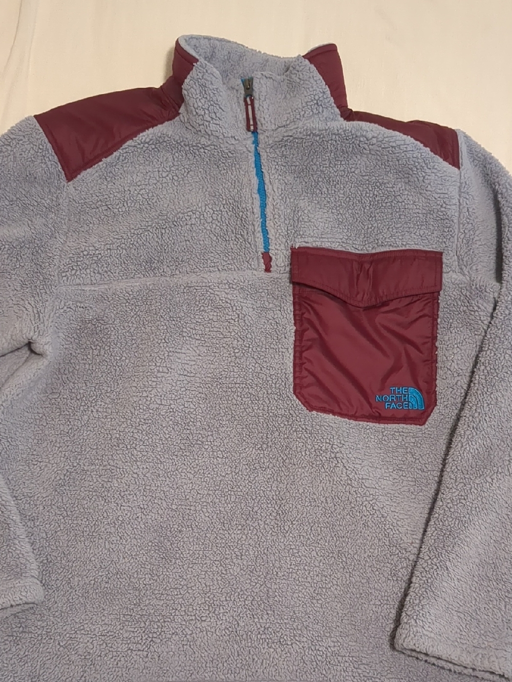 The North Face Light Gray Sherpa Pullover with Burgundy Pocket